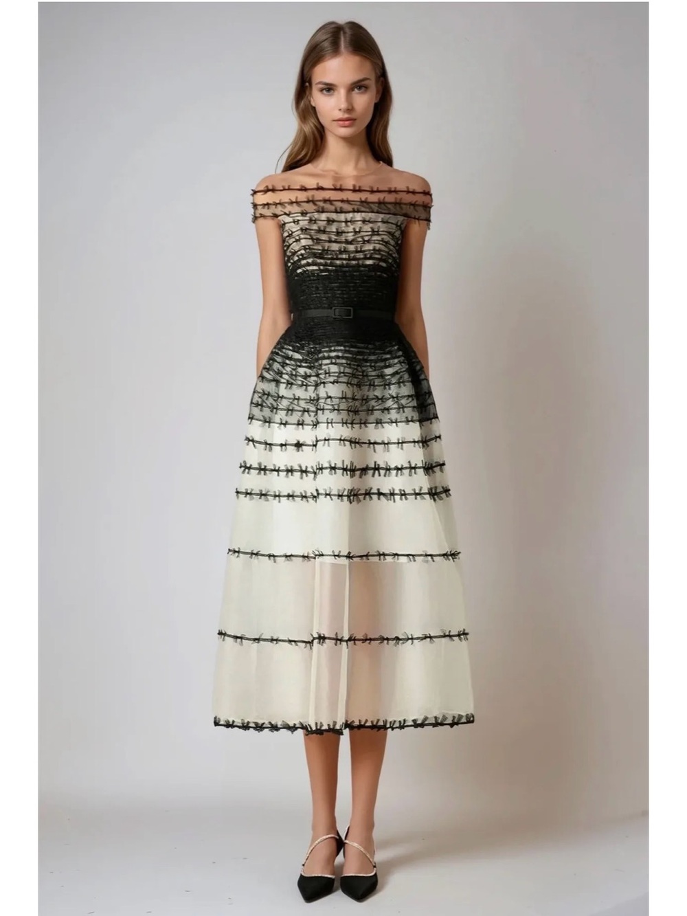 Elegant Black and White Off-Shoulder Tea Dress
